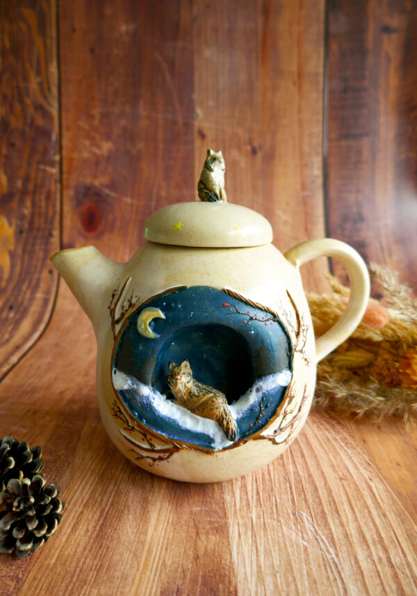 Théière en grès "Lynx sous la lune" - Collection Forêt Secrète