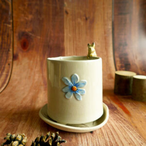 Petit planter + coupelle "Lapin fleur bleue" - Collection Habitée