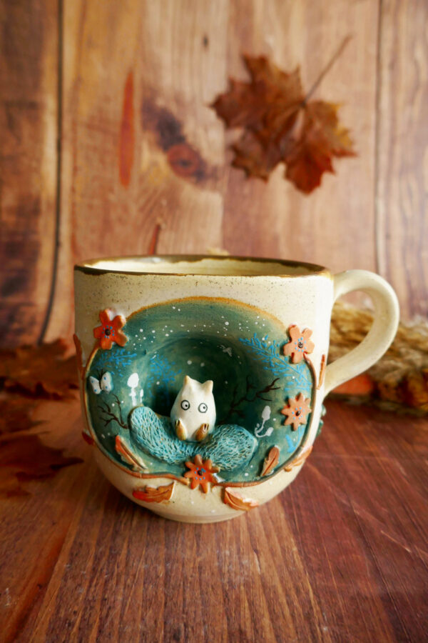 Grande tasse en grès "Totoro Blanc & Forêt d'Automne"