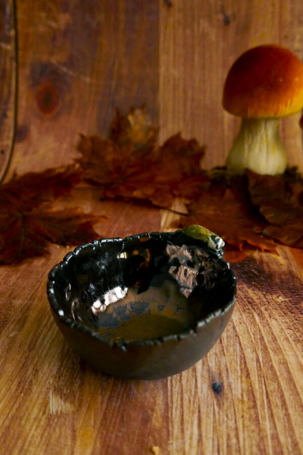 Bol pincé porcelaine noire Blaireau endormi