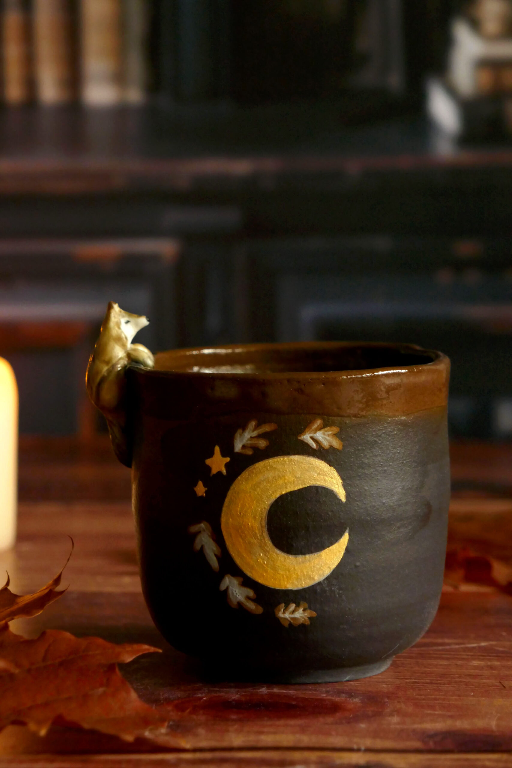 Tasses Café porcelaine noire "Loup gris à la lune"