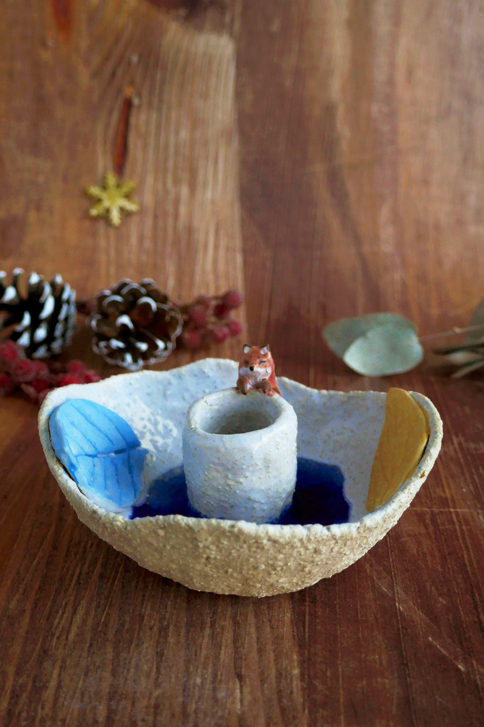 Bougeoir en grès "Renard & Feuilles"