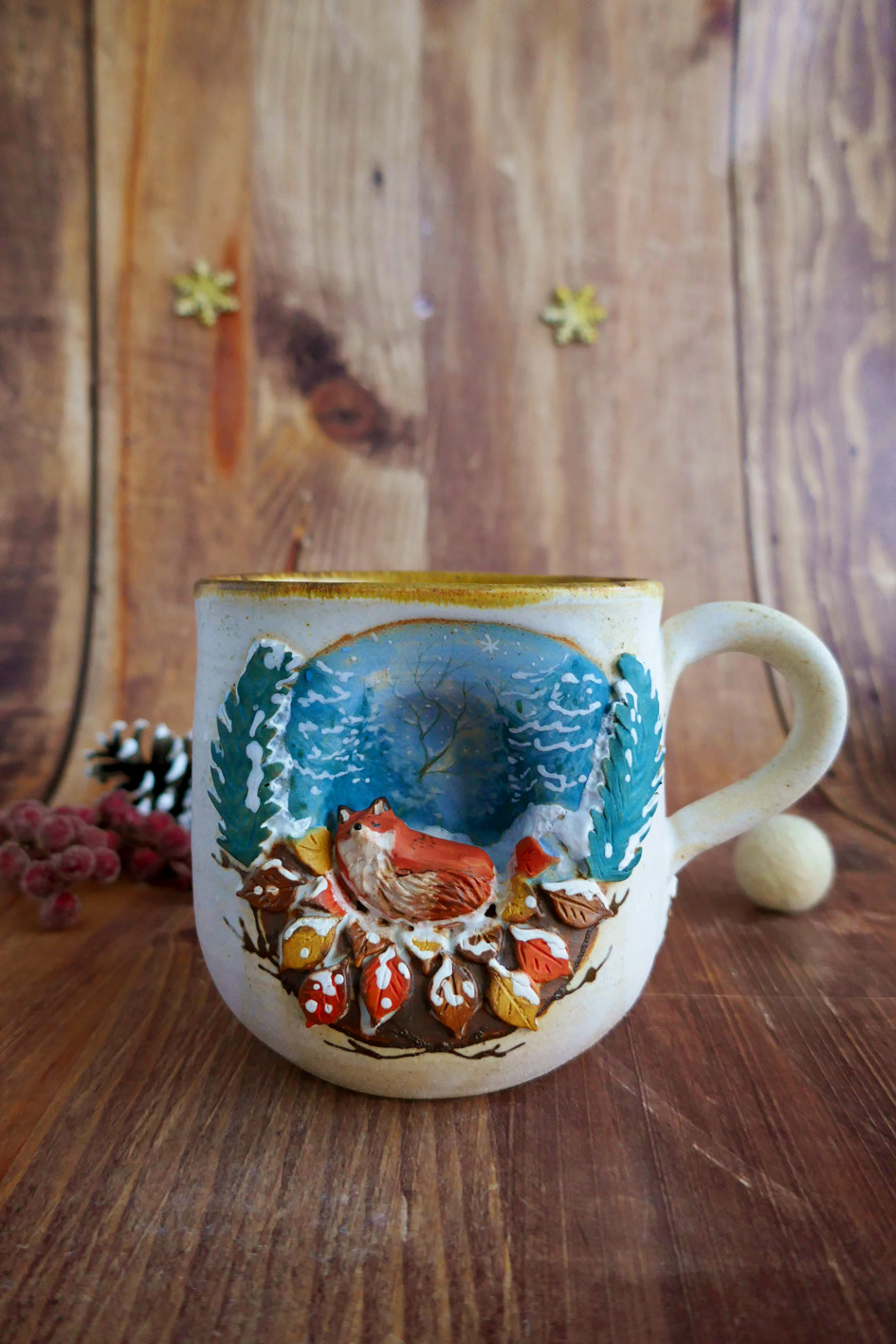 Grande Tasse en grès "Renard dans la forêt hivernale" - Pièce Unique