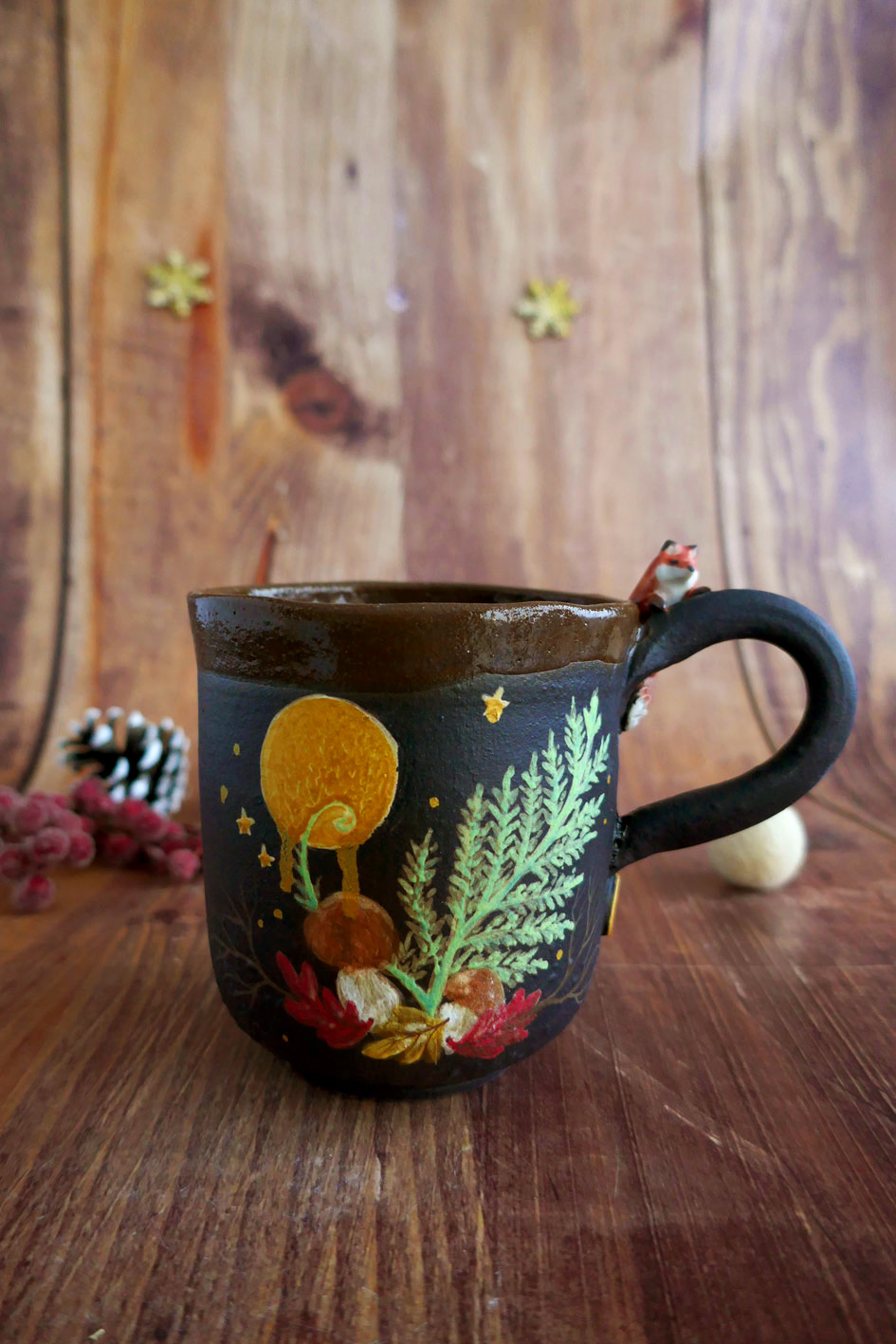 Tass en Porcelaine noire "Renard aux fougères" - Pièce Unique