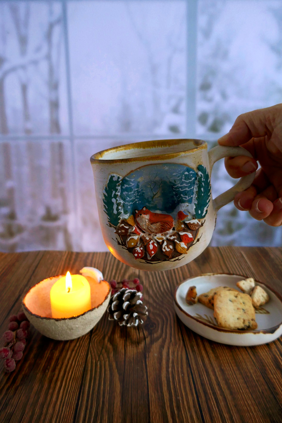 Grande Tasse en grès "Renard dans la forêt hivernale" - Pièce Unique – Image 4