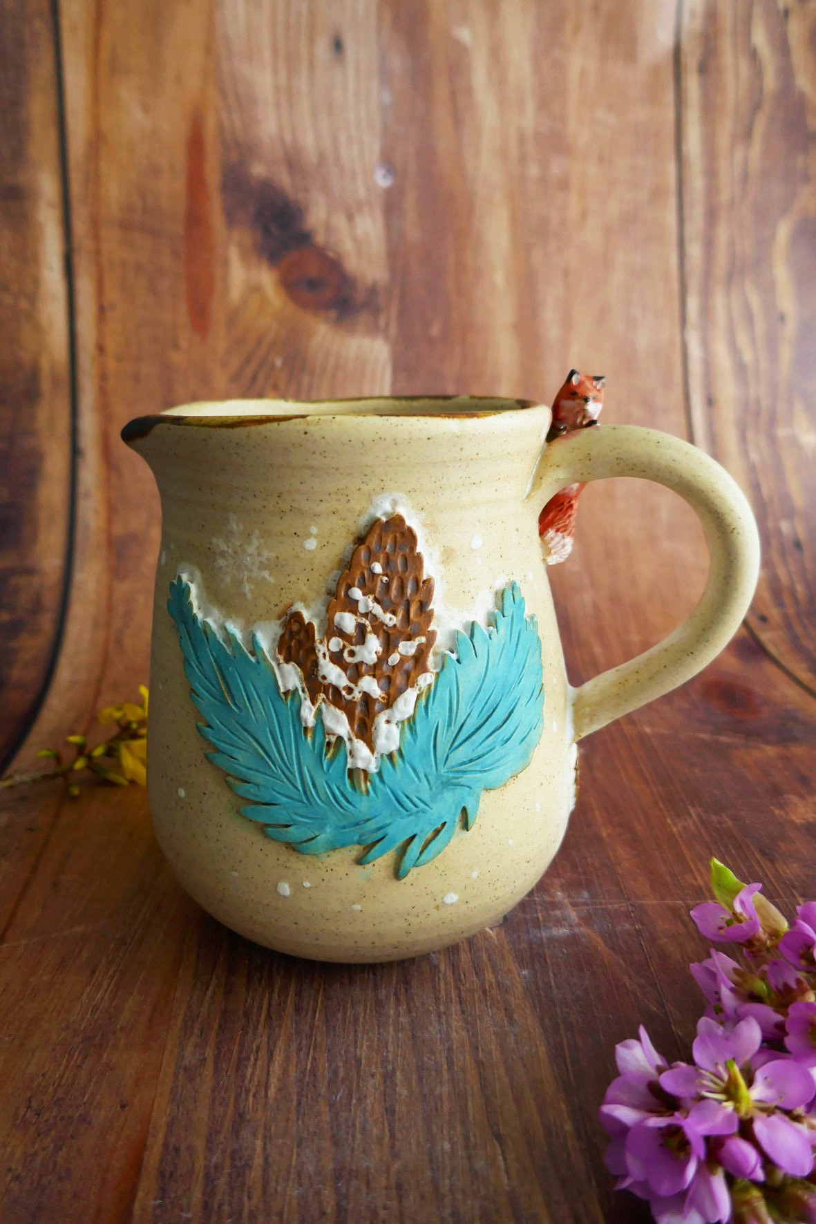 Carafe en grès Renard roux & Sapins enneigés