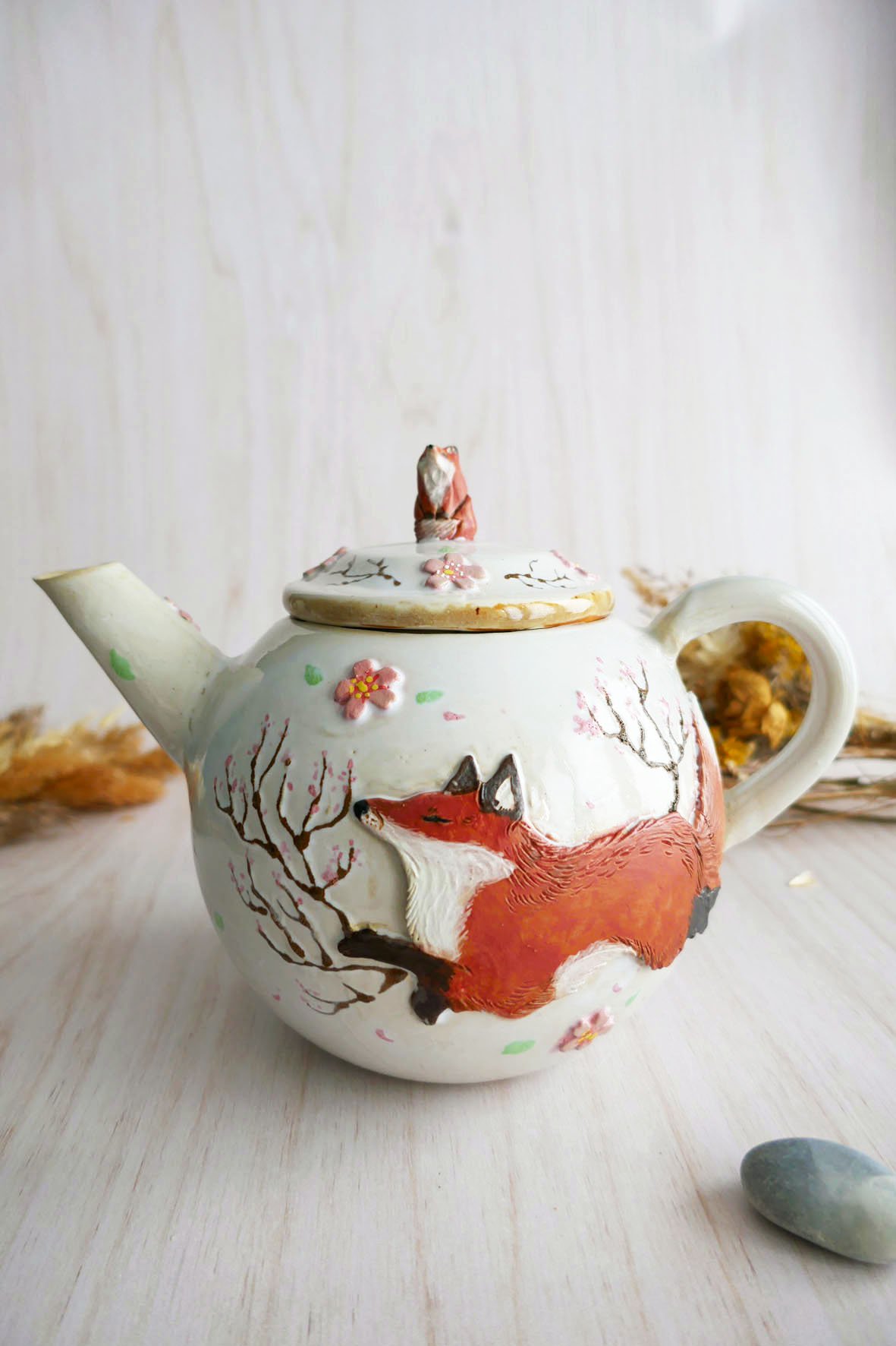 Théière en grès "Renards & Fleurs de cerisier"