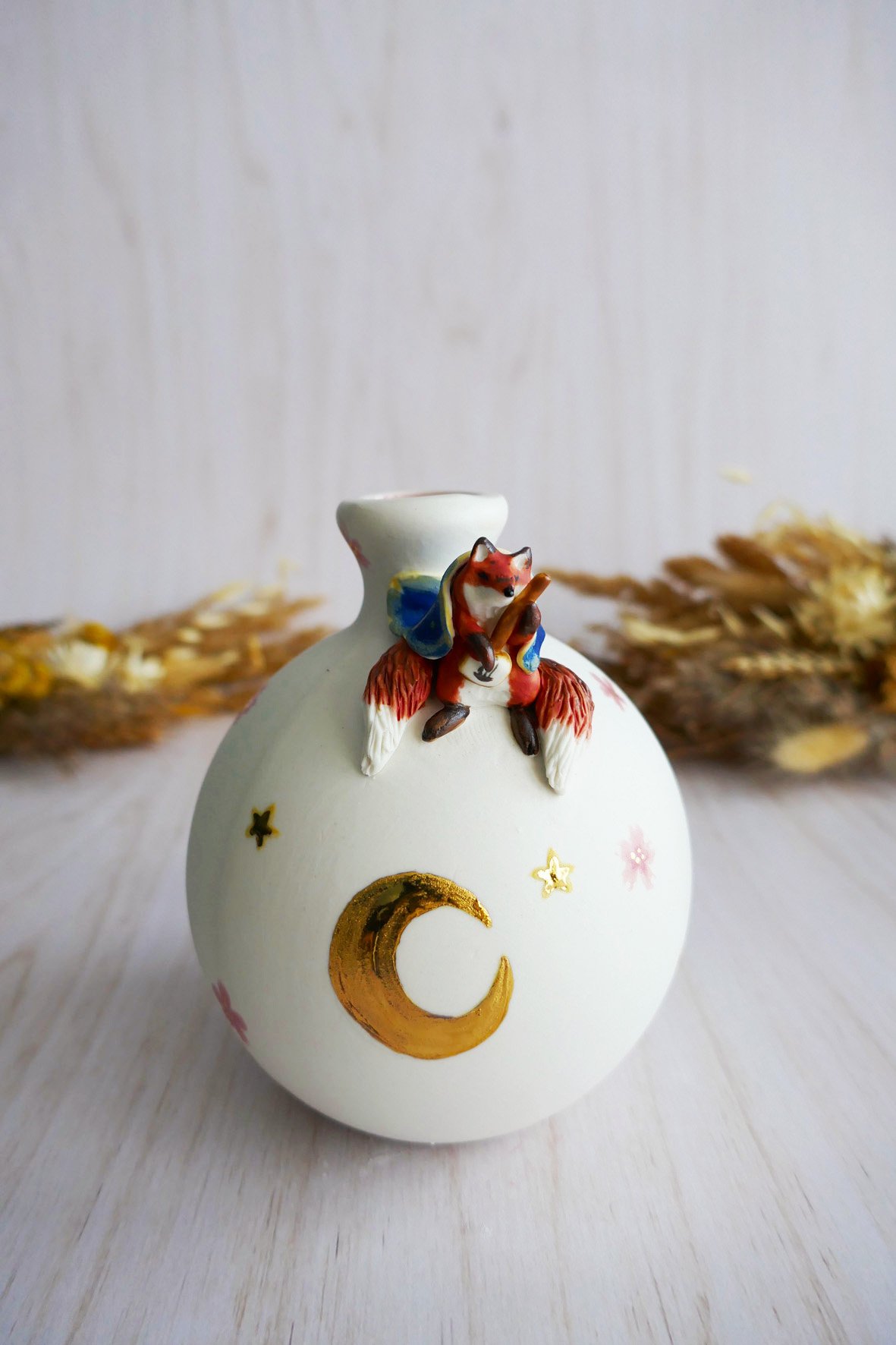 Vase Miniature porcelaine Kitsune au Shamisen