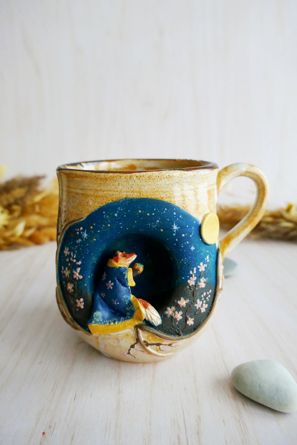 Grand Mug à anse grès "Kitsune à la pleine lune"