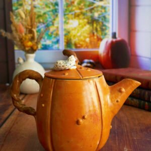 Théière citrouille grès à la panthère blanche